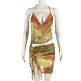 Mesh Print Irregular Sling Mini Dress GFRT-31729SHY