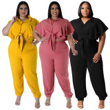 Plus Size Solid Tie Up Casual Two Piece Pants Set NNWF-7984