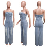 Casual Wrap Chest Straight Denim Jumpsuit LX-6978