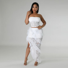 Sexy Solid Wrap Chest Top Twp Piece Skirt Set CYA-901206