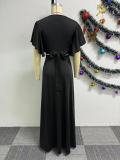 Solid Fly Sleeve V-Neck Split Skirt 2 Piece Set NY-10776