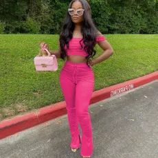 Solid One Shoulder Casual Two Piece Pants Set GFYX-3568