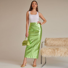 Patchwork Split PU Leather Half Body Skirt GFRT-7662SG
