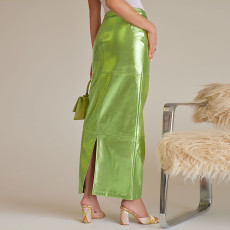 Patchwork Split PU Leather Half Body Skirt GFRT-7662SG