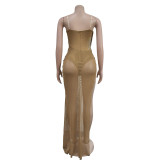 Mesh Hot Drill Patchwork Maxi Dress GFYX-6883