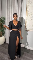 Solid Fly Sleeve V-Neck Split Skirt 2 Piece Set NY-10776