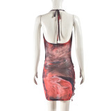 Mesh Print Irregular Sling Mini Dress GFRT-31729SHY