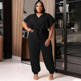 Plus Size Solid Tie Up Casual Two Piece Pants Set NNWF-7984