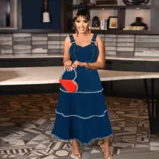 Plus Size Sling Tassel Sleeveless Denim Long Dress GDAM-218397