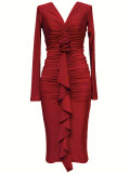 Long Sleeve Rose Flower Pleated Midi Dress SFY-2774