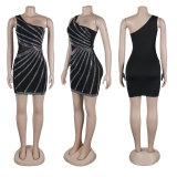 Hot Drill Patchwork One-Shoulder Sleeveless Mini Dress NY-3195