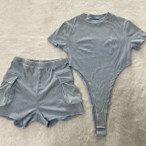 Solid Color Rib Bodysuit And Shorts 2 Piece Set TR-1311