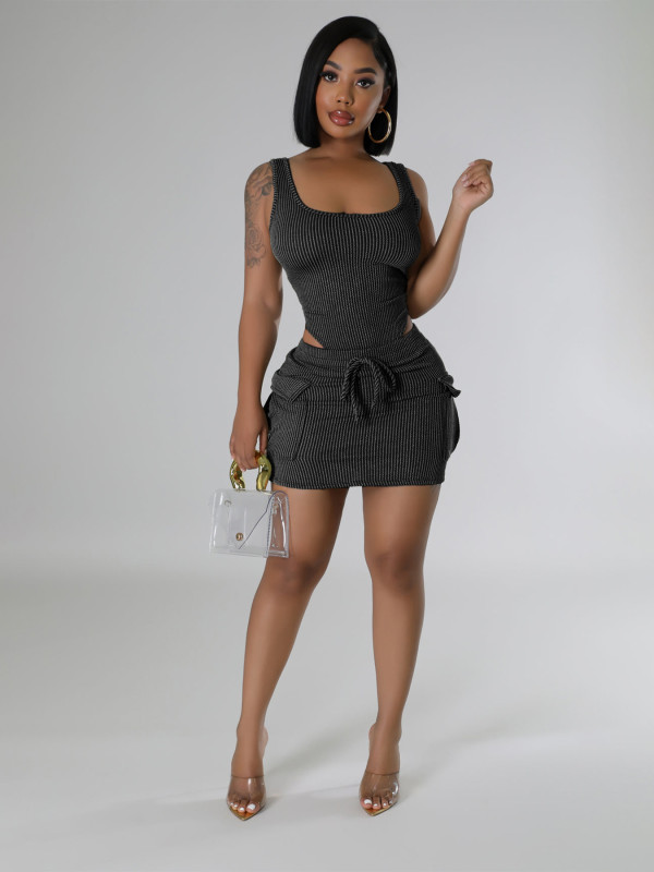 Sleeveless Solid Bodysuit+Skirt 2 Piece Set CH-24030