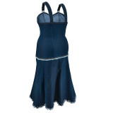 Plus Size Sleeveless Tassel Sling Denim Maxi Dress GDAM-218398