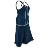 Plus Size Sleeveless Tassel Sling Denim Maxi Dress GDAM-218398