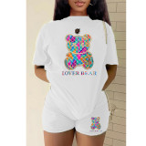 Plus Size Bear Print Short Sleeve Two Piece Shorts Set GMZD-M3111L30