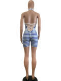 Stripe Print Halter Backles Bandage Romper QODY-6034