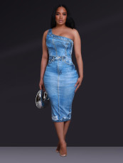 Print Slash Shoulder Sleeveless Long Dress SH-391125