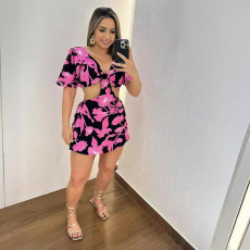 Printed Hollow Out Ruffle Sleeve Romper NY-10786