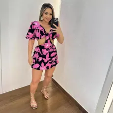 Printed Hollow Out Ruffle Sleeve Romper NY-10786