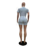 Solid Color Rib Bodysuit And Shorts 2 Piece Set TR-1311