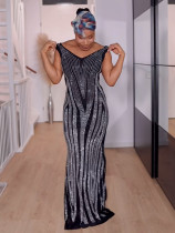 Sleeveless V Neck Hot Drill Maxi Dress NY-3187