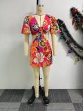 Printed Hollow Out Ruffle Sleeve Romper NY-10786