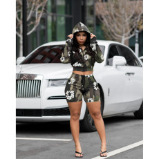 Long Sleeve Print Hooded Sport Two Piece Shorts Set FOSF-8390