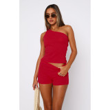 Solid Color Slash Neck Two Piece Shorts Set ASL-6731