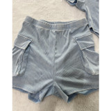 Solid Color Rib Bodysuit And Shorts 2 Piece Set TR-1311