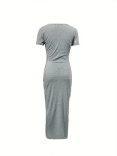 Short Sleeve Solid Zipper Maxi Dress SH-391138
