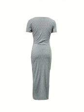 Short Sleeve Solid Zipper Maxi Dress SH-391138