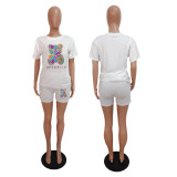 Plus Size Bear Print Short Sleeve Two Piece Shorts Set GMZD-M3111L30
