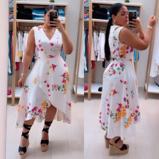 Printed V-Neck Sleeveless Split Long Dress NY-10785