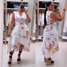 Printed V-Neck Sleeveless Split Long Dress NY-10785