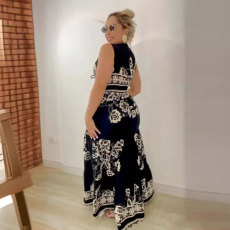 Printed Patchwork Tie Up Hollow Out Sleeveless Maxi Dress NY-10781