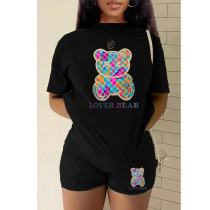 Plus Size Bear Print Short Sleeve Two Piece Shorts Set GMZD-M3111L30