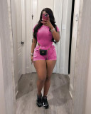 Solid Color Rib Bodysuit And Shorts 2 Piece Set TR-1311