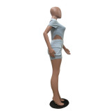 Solid Color Rib Bodysuit And Shorts 2 Piece Set TR-1311