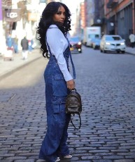 Back Strappy Loose Multi-pocket Denim Jumpsuit OD-8695
