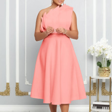 Slant Neck Pleated Sleeveless Party Dress GMLF-3200