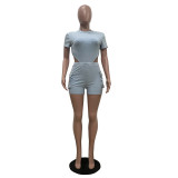 Solid Color Rib Bodysuit And Shorts 2 Piece Set TR-1311