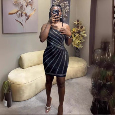 Hot Drill Patchwork One-Shoulder Sleeveless Mini Dress NY-3195