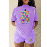 Plus Size Bear Print Short Sleeve Two Piece Shorts Set GMZD-M3111L30