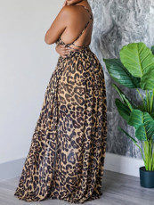 Leopard Print Sling V Neck Backless Maxi Dress SFY-453