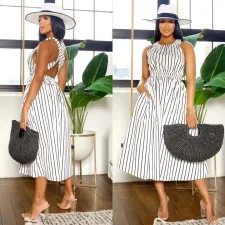 Stripe Sleeveless Crisscross Straps Maxi Dress NY-10782