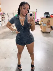Rib Washed Deep V Lapel Romper CH-24026