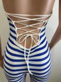 Stripe Print Halter Backles Bandage Romper QODY-6034