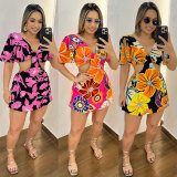Printed Hollow Out Ruffle Sleeve Romper NY-10786