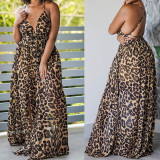 Leopard Print Sling V Neck Backless Maxi Dress SFY-453